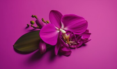  a purple flower on a pink background with a green stem and a single flower in the middle of the image with a green stem in the middle.  generative ai
