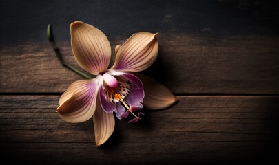Fototapeta na wymiar a flower that is sitting on a wooden table with a dark background and a wooden surface with a wooden surface with a flower on it. generative ai