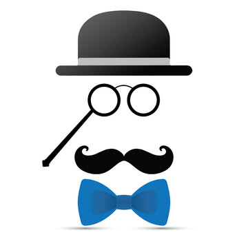 Black mustache, lorgnette, hat and blue bowtie on white background