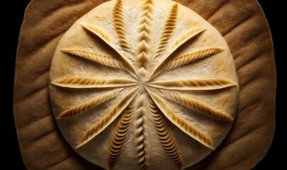  a piece of bread with a leaf design on it's side, on a brown surface, with a black back ground, with a black background.  generative ai