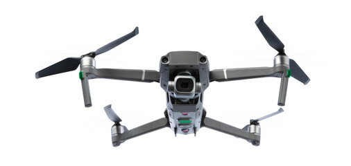 Bottom front view of flying drone with rotating blades isolated on transparency background