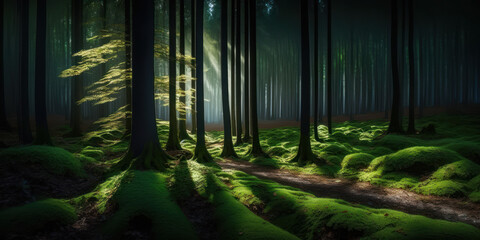 sous bois humide avec mousse et fougères, forêt sauvage et obscure, végétation dense