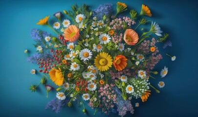  a bunch of flowers that are on a blue background with a blue background and a blue background with white, orange, and yellow flowers.  generative ai