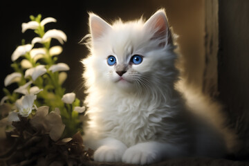 Naklejka na ściany i meble A cute white little cat sitting at window and looking outside. Generative AI