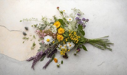  a bouquet of wildflowers and lavenders on a marble slabd surface with a white wall in the background and a few other flowers in the foreground.  generative ai