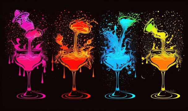  a set of four glasses with different colored liquid pouring out of them on a black background with a splash of paint on the bottom of the glasses.  generative ai