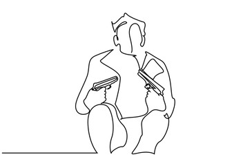 evil criminal murderer repentant man holding guns sitting thoughtfully