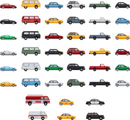 Pixel art cars collection. Different type and colour vehicles. Ambulance, police car, taxi cab and fire truck. Vector illustration.