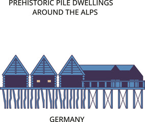 Germany, Alps, Prehistoric Pile Dwellings tourism landmarks, vector city travel illustration