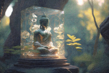 buddha statue meditating, in zen garden, painting effect. mindfulness concept. AI Generative.
