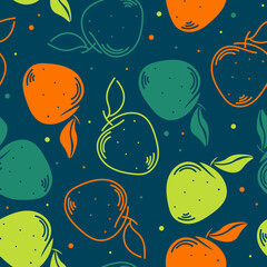 Seamless vector pattern with apples. Hand-drawn fruit sketch of apples.
Botanical drawing for printing on textiles, gift paper, banners, menus. Apple harvest.