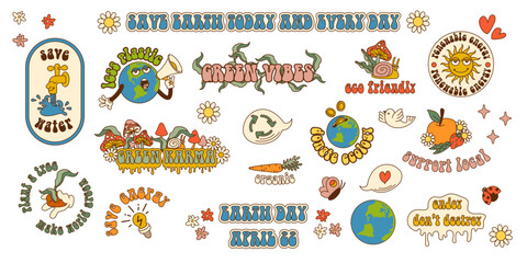 Fototapeta premium Retro earth cartoon character planet stickers in trendy retro cartoon style. Sticker pack for Earth or World Environment Day. Funny vector illustration of planet Earth. Eco green labels or badges.