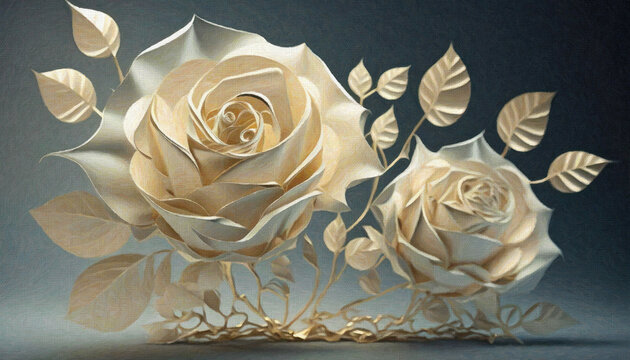White flower and gold roses composition on blue background, artistic effect, 3d render. AI generative.