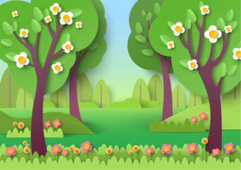 Poster Spring forest with tree and flowers in blossom paper cut vector © Siberian Art