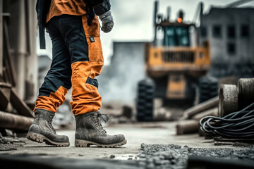 A construction labor worker in fully coverall uniform and safety shoe is standing on background of construction site. Ready to working in industrial unsafe workplace scene. Generative Ai image. - obrazy, fototapety, plakaty