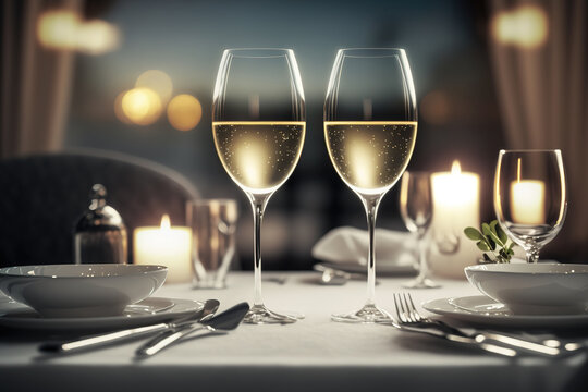 2 glasses of the champagne or white wine are placed on dining table at the luxury restaurant. Generative Ai image.	
