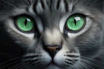 close up of a gray cat with green eyes as digital illustration (Generative AI)