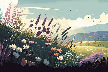 An illustrated depiction of a meadow full of blooming flowers during the spring season. Generative AI.