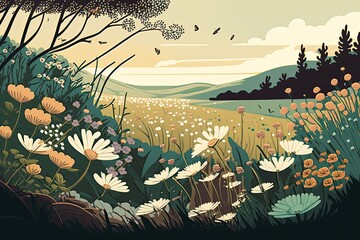 An illustrated depiction of a meadow full of blooming flowers during the spring season. Generative AI.
