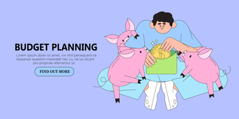 Man have problem with budget planning, money managment and savings. Character collect and putt coin in one of piggy bank. Trendy illustration for web banner, mobile app, advertisement or article.