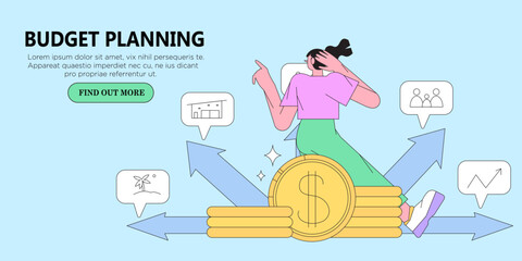 Woman have problem with budget planning, money managment and savings. Character decide how to spend money. Trendy illustration for web banner, mobile app, advertisement or article.
