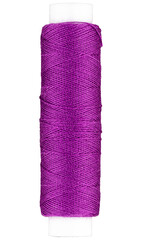 Spool with purple thread for sewing, supply for sewing, isolated object, close-up macro with fine details
