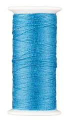 Spool with blue thread for sewing, supply for sewing, isolated object, close-up macro with fine details
