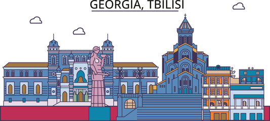 Georgia, Tbilisi tourism landmarks, vector city travel illustration
