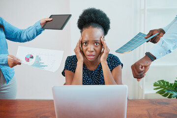 Young business woman stressed, concept of demanding coworkers deadlines pressure