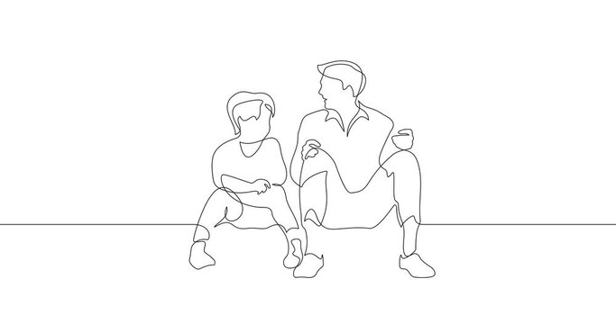 Animation of an image drawn with a continuous line. Father and son sit and talk.