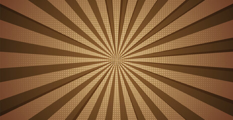 Chocolate Brown Sunburst Pattern Abstract Background With Halftone. Rays. Banner. 1970s Retro Wallpaper. Radial. Vector Illustration