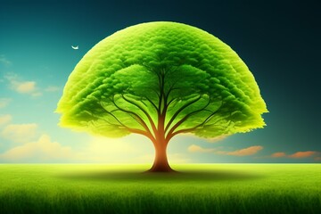 Giant tree on the field, surreal, painting. sunlight, green