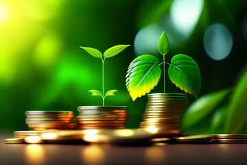 Green plants growing on coin, stacking coins with green bokeh background, Business Finance and Money concept, Save money for prepare in the future, green finance, green growth. ESG concept