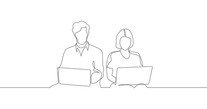 Animation of an image drawn with a continuous line. Boy and girl are sitting with laptops.