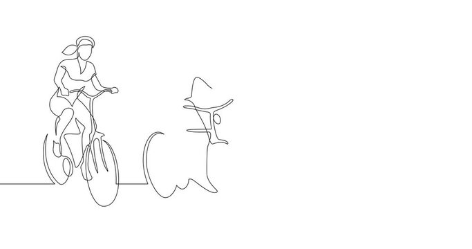 Animation of an image drawn with a continuous line. Man and woman riding bicycles.