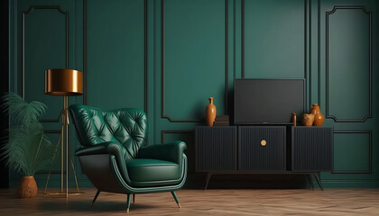 Modern interior of living room with armchair and cabinet for tv on dark green color wall background