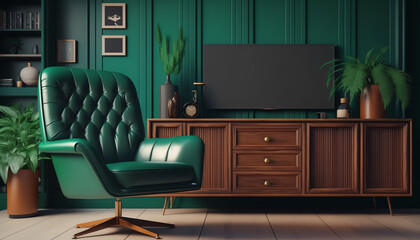 Modern interior of living room with armchair and cabinet for tv on dark green color wall background