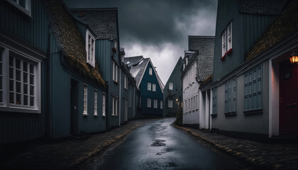 Fototapeta na wymiar Cute village in Norway. Scandinavian inspired minimalism. Generative AI