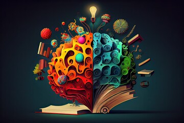 Book and Brain - modern Idea and Concept illustration Business. Idea concept with an open book, brain, and book on a green background.Generative Ai