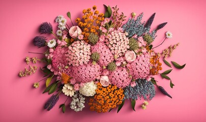  a bouquet of flowers on a pink background with leaves and flowers in the center of the bouquet, top view, from above, on a pink background.  generative ai