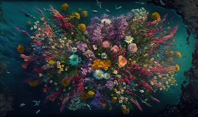 Fototapeta na wymiar a large bouquet of flowers floating in the water with a fish swimming by it's side in the water, surrounded by other flowers. generative ai