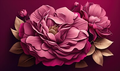  a large pink flower with leaves on a purple background with a gold center and two smaller pink flowers in the middle of the flower head.  generative ai