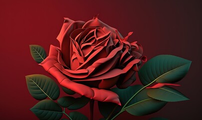  a red rose with green leaves on a red background with a red background and a red background with a red rose with green leaves on a red background.  generative ai
