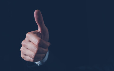 thumb up feedback customer services satisfaction concept. businessman giving thumb up with copy space