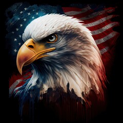 Fototapeta premium eagle and USA flag national poster. American Bald Eagle - a symbol of America with flag. Bald eagle on american flag background created. Generative AI
