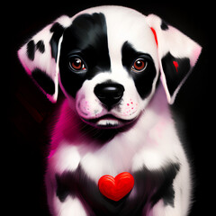 portrait of a Dalmatian puppy with a red heart on a black background. generative AI