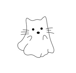 Vector isolated one single cute cartoon funny lil cat kitten ghost under sheet cloth colorless black and white contour line easy drawing