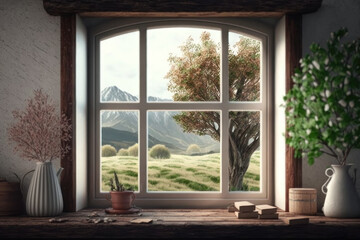 Window overlooking the mountains. AI generative.