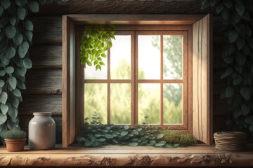 Window overlooking the forest. AI generative.