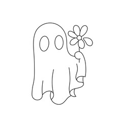Vector isolated one single ghost under sheet cloths with camomile flower in hand colorless black and white contour line easy drawing